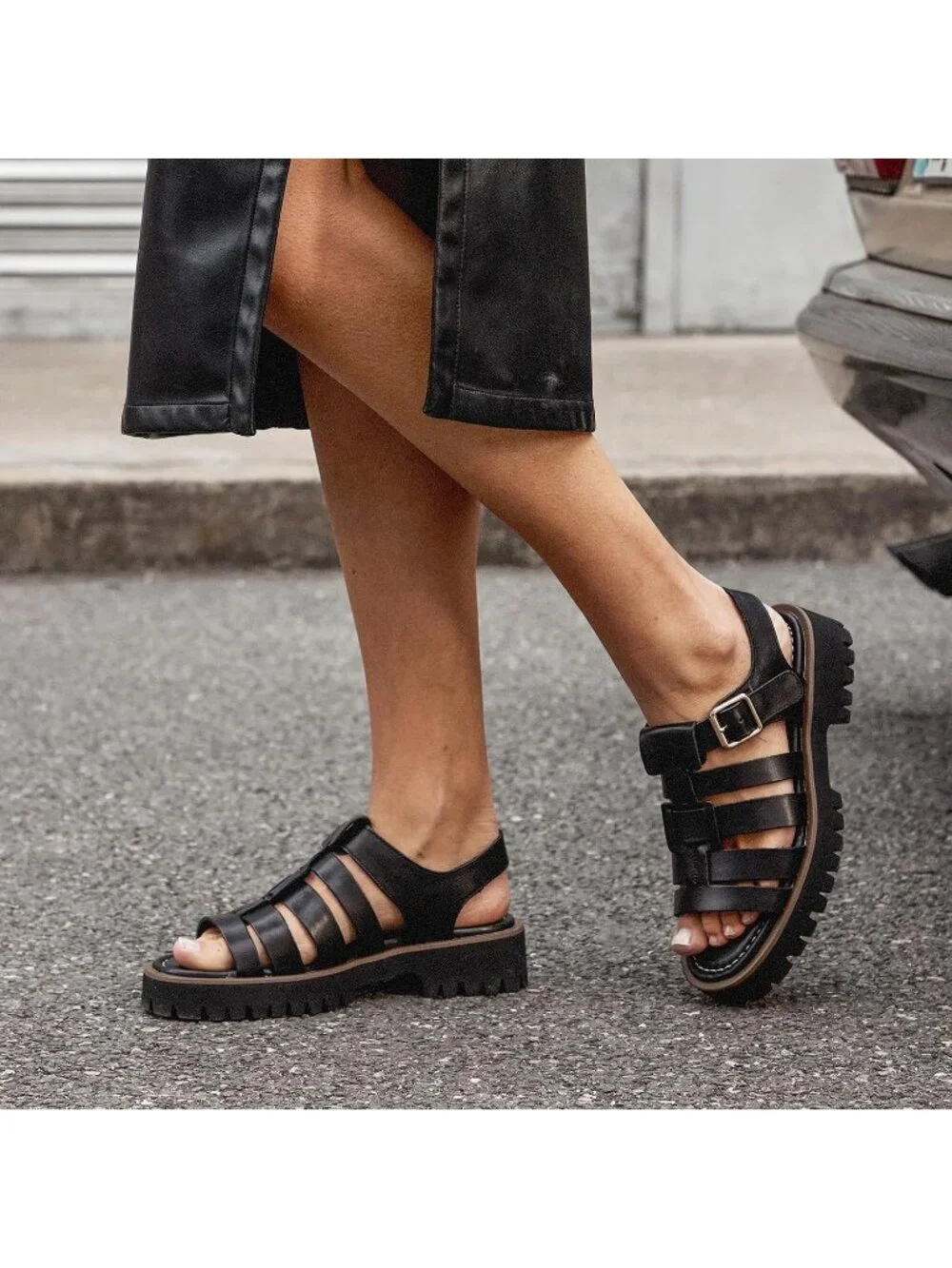 Women's Black Chunky Gladiator Open Toe Leather Platform Fisherman Sandal Shoes